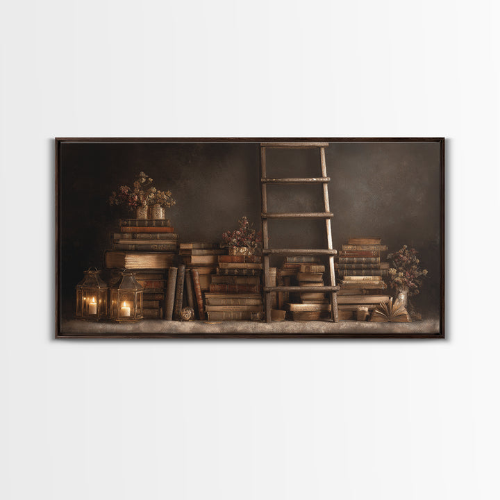 Rolling Library Ladder Canvas Print, Library Art, Dark Academia Art, Library Decor, Abstract Art, Archive, Room Decor, LIB-2x1-71