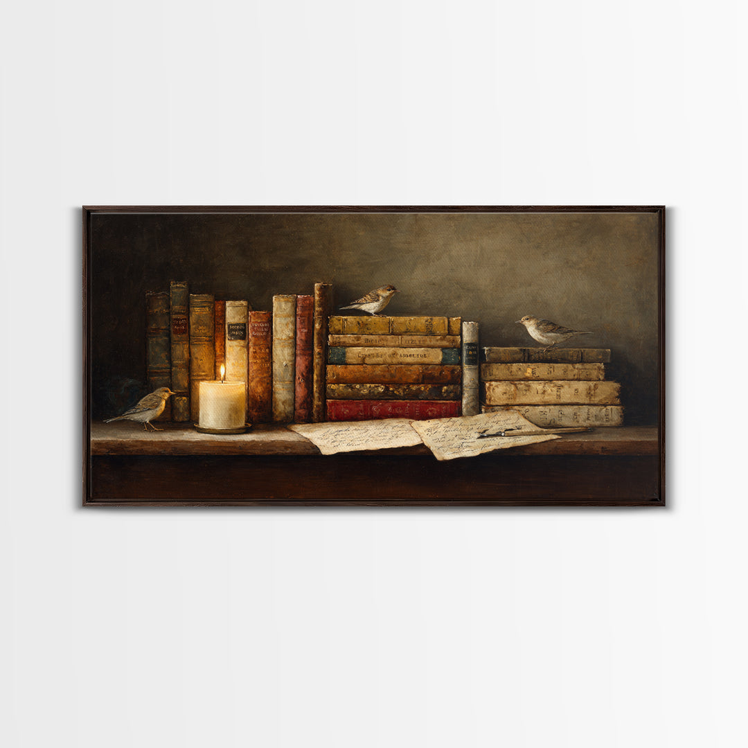 Open Book Releasing Tiny Birds Framed Canvas Print, Library Art, Living Room Decor, Library Decor, Fine Art, Archive, LIB-2x1-72