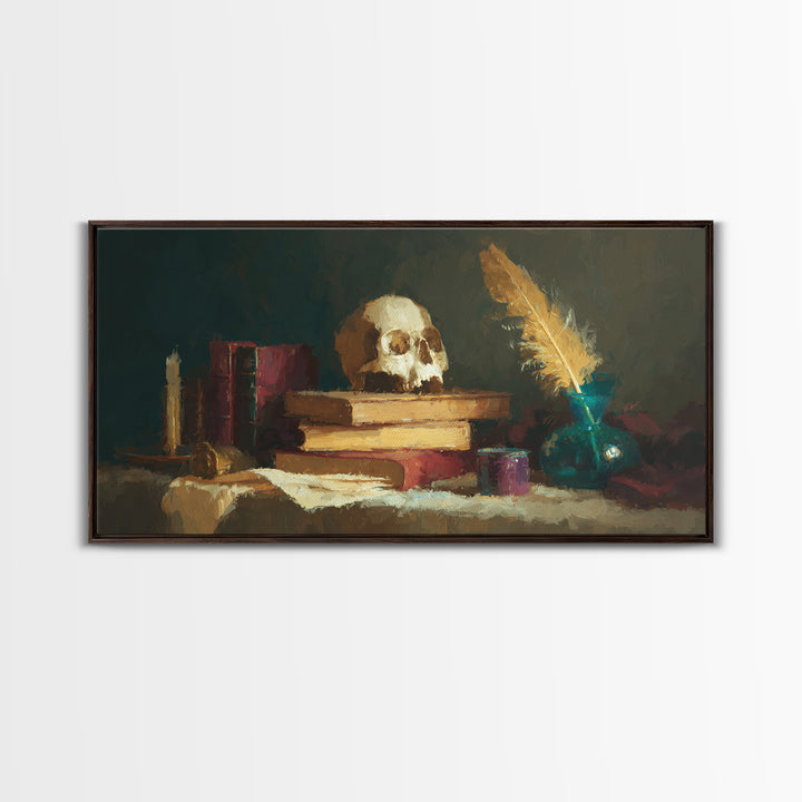 Dark Academia Skull Book and Quill Still Canvas Print, Library Art, Unique Wall Art, Library Decor, Fine Art, Archive, LIB-2x1-73