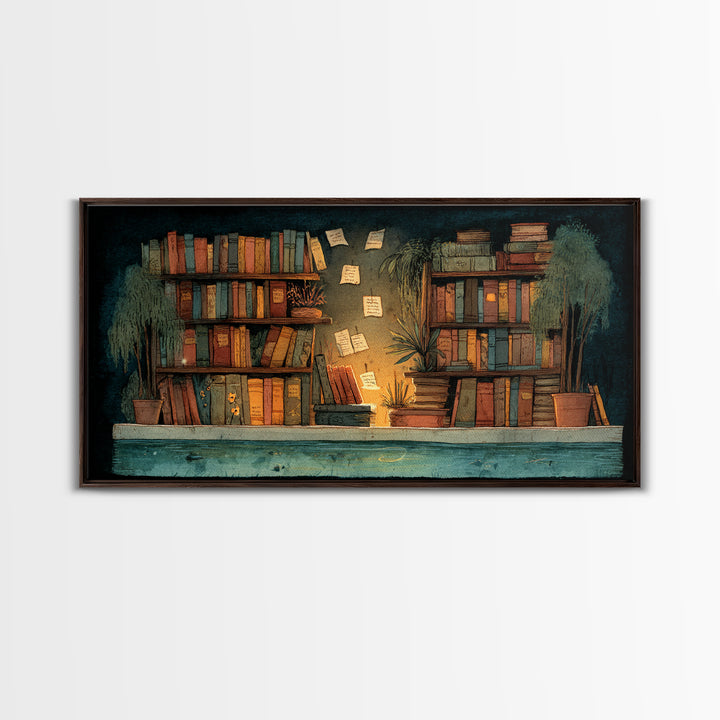 Moonlit Window with Floating Pages Canvas Print, Library Art, Gothic Wall Art, Library Decor, Archive, Bookish Wall Art, LIB-2x1-76