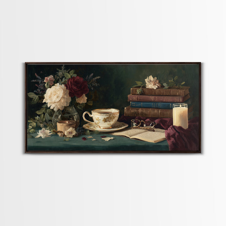 Teacup Beside a Novel and Roses Canvas Print, Library Art, Digital Art, Library Decor, Fine Art, Archive, Watercolor Art, LIB-2x1-82