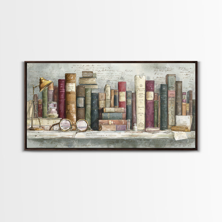 Antique Spectacles on a Manuscript Framed Canvas Print, Library Art, Unique Wall Art, Library Decor, Fine Art, Archive, LIB-2x1-88