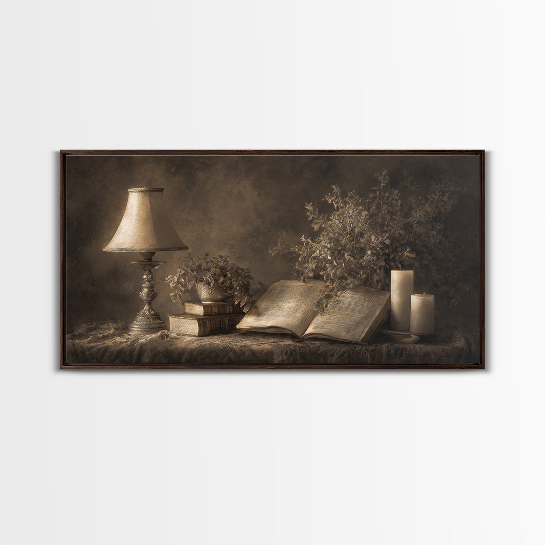 Warm Reading Lamp and Small Plant Still Canvas Print, Library Art, Watercolor Art, Library Decor, Archive, Halloween Wall Art, LIB-2x1-89