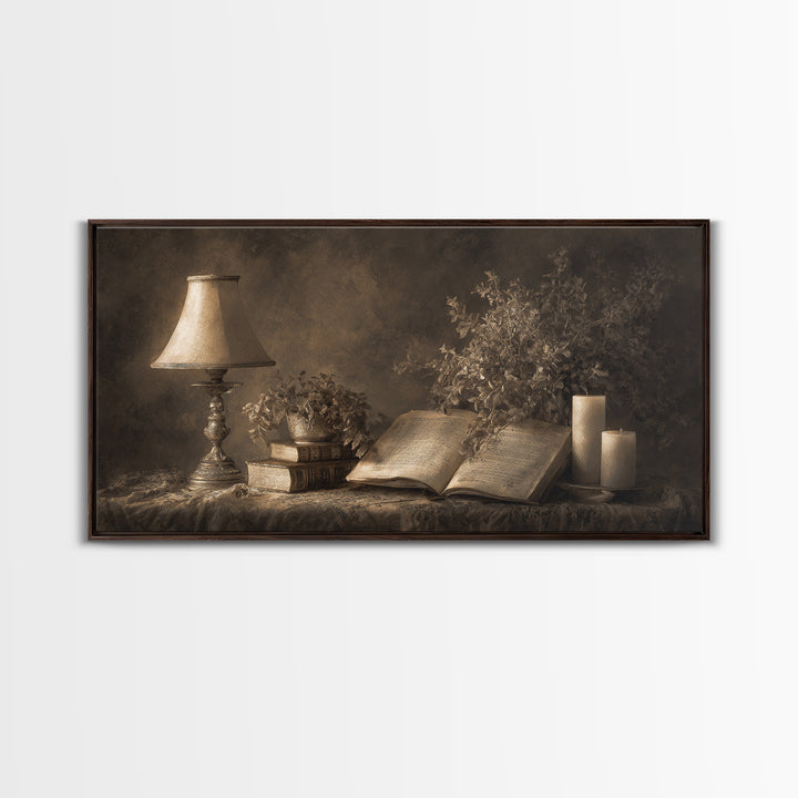 Warm Reading Lamp and Small Plant Still Canvas Print, Library Art, Watercolor Art, Library Decor, Archive, Halloween Wall Art, LIB-2x1-89