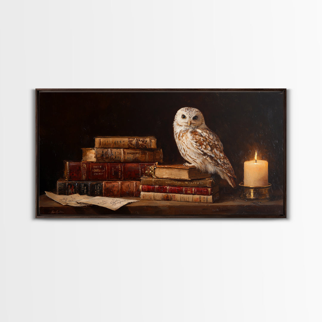Owl Perched on a Pile of Antique Canvas Print, Library Art, Printable Art, Library Decor, Fine Art, Archive, Bookish Decor, LIB-2x1-94