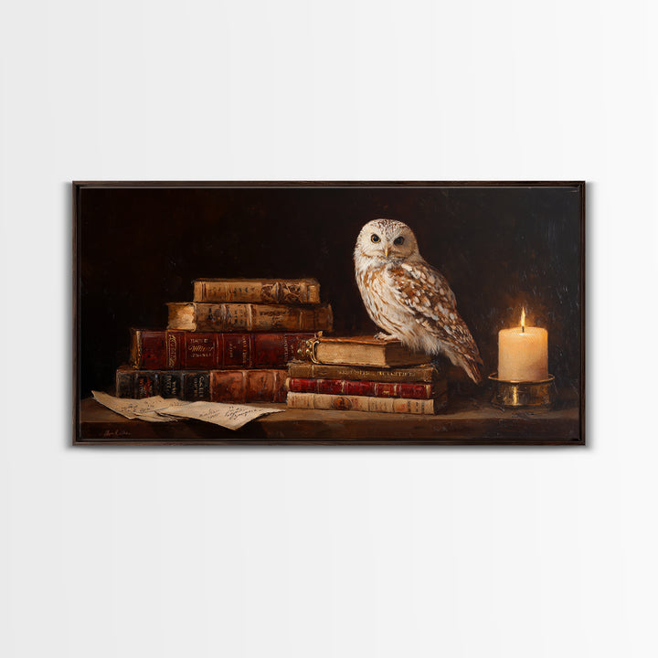 Owl Perched on a Pile of Antique Canvas Print, Library Art, Printable Art, Library Decor, Fine Art, Archive, Bookish Decor, LIB-2x1-94