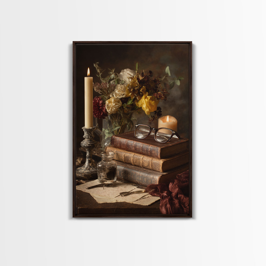 Antique Spectacles on a Manuscript Framed Canvas Print, Library Art, Digital Art, Library Decor, Archive, Watercolor Art, LIB-2x3-100