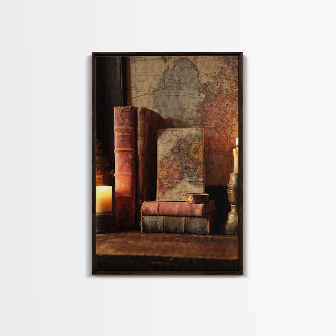 Map and Compass on Leather Bound Atlas Framed Canvas Print, Library Art, Modern Decor, Library Decor, Fine Art, Archive, LIB-2x3-24