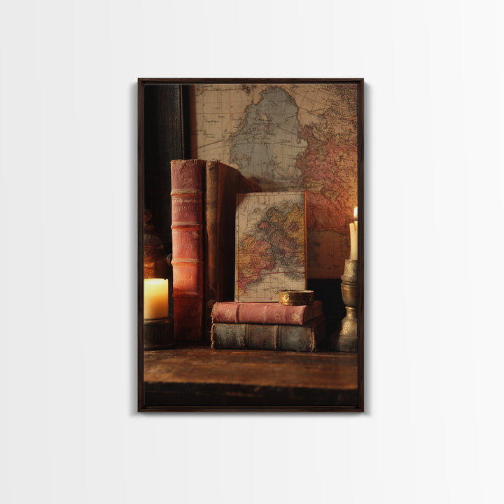 Map and Compass on Leather Bound Atlas Framed Canvas Print, Library Art, Modern Decor, Library Decor, Fine Art, Archive, LIB-2x3-24