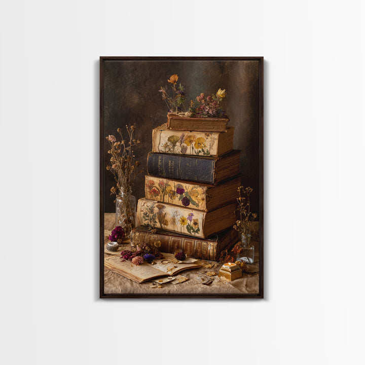 Botanical Pressed Flowers Inside Old Pages Framed Canvas Print, Library Art, Wall Art Print, Library Decor, Fine Art, Archive, LIB-2x3-41
