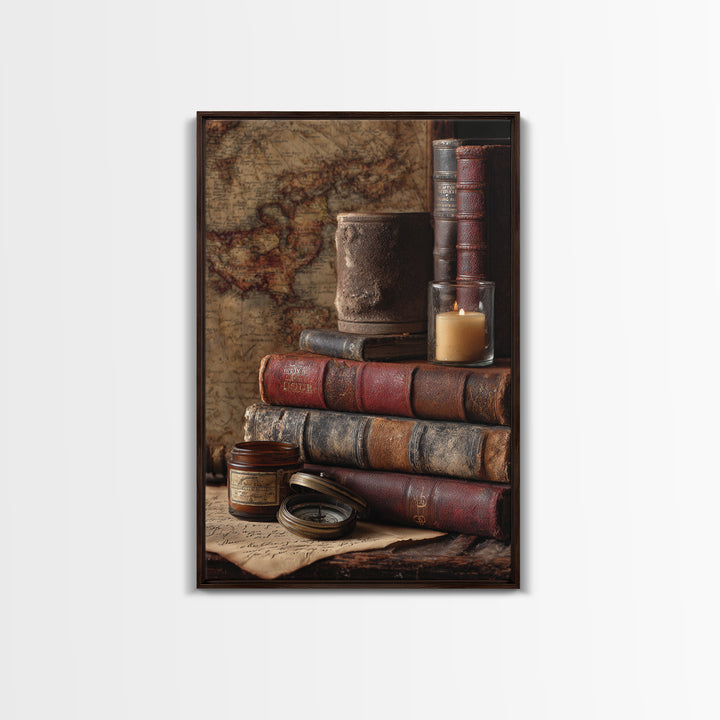 Map and Compass on Leather Bound Atlas Canvas Print, Library Art, Gothic Home Decor, Library Decor, Oil Painting, Archive, LIB-2x3-72