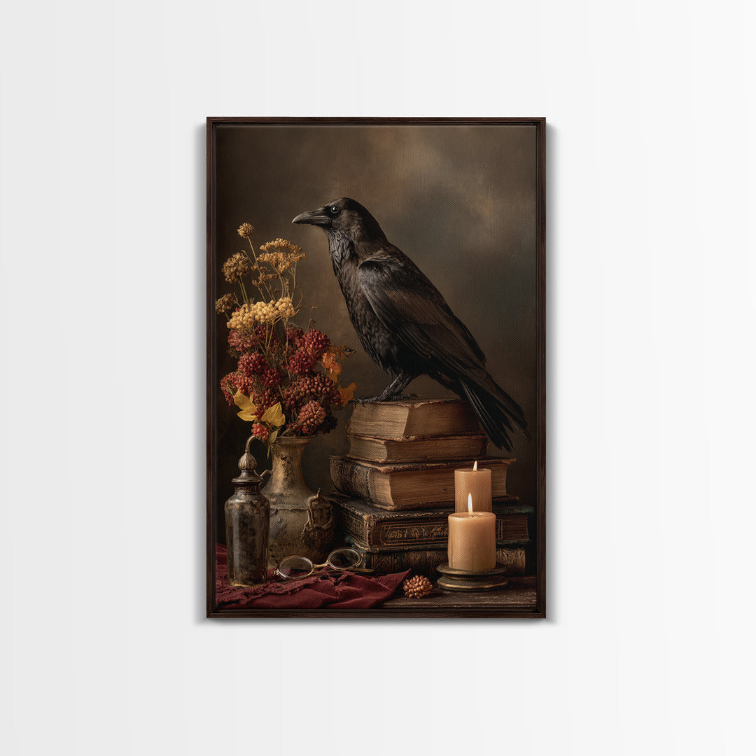 Black Raven Perched on Closed Book Framed Canvas Print, Library Art, Living Room Decor, Library Decor, Fine Art, Archive, LIB-2x3-78