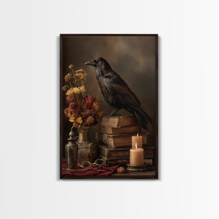 Black Raven Perched on Closed Book Framed Canvas Print, Library Art, Living Room Decor, Library Decor, Fine Art, Archive, LIB-2x3-78