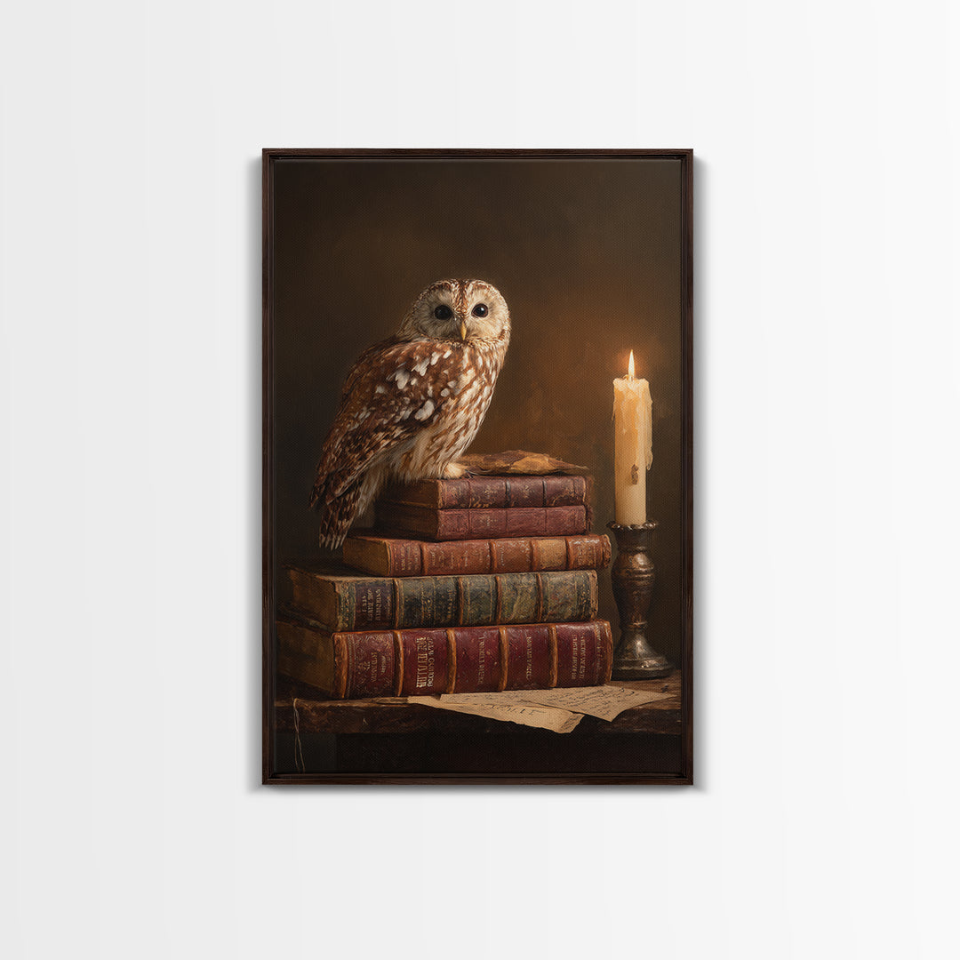 Owl Perched on a Pile of Antique Canvas Print, Library Art, Dark Academia Decor, Library Decor, Archive, Botanical Art, LIB-2x3-82