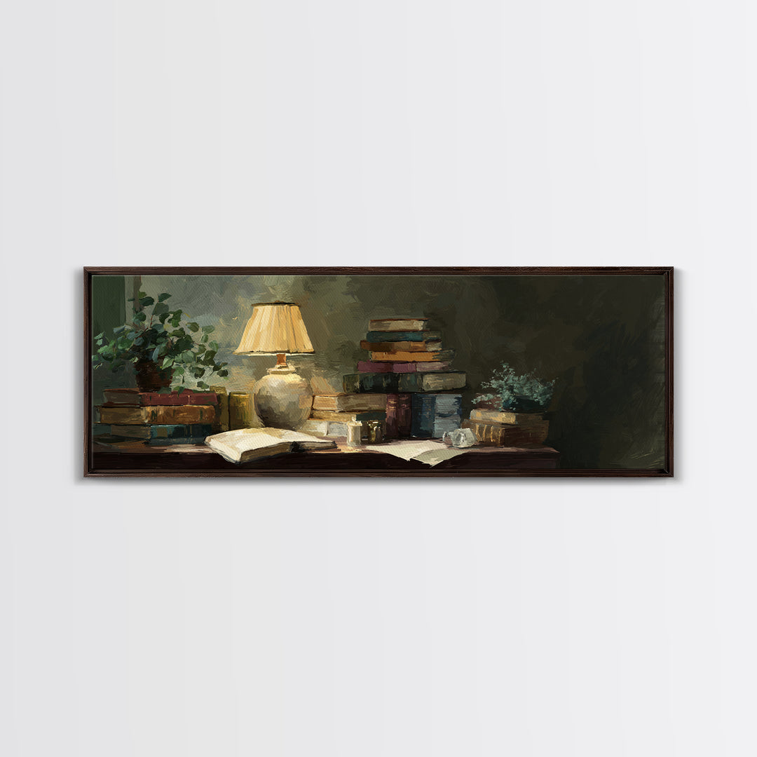 Warm Reading Lamp and Small Plant Still Canvas Print, Library Art, Watercolor Art, Library Decor, Archive, Halloween Wall Art, LIB-3x1-13