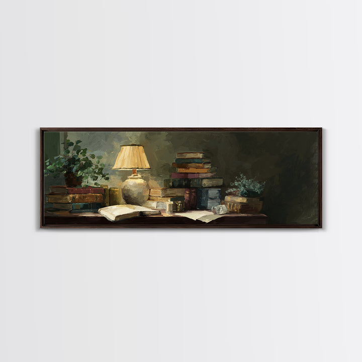 Warm Reading Lamp and Small Plant Still Canvas Print, Library Art, Watercolor Art, Library Decor, Archive, Halloween Wall Art, LIB-3x1-13