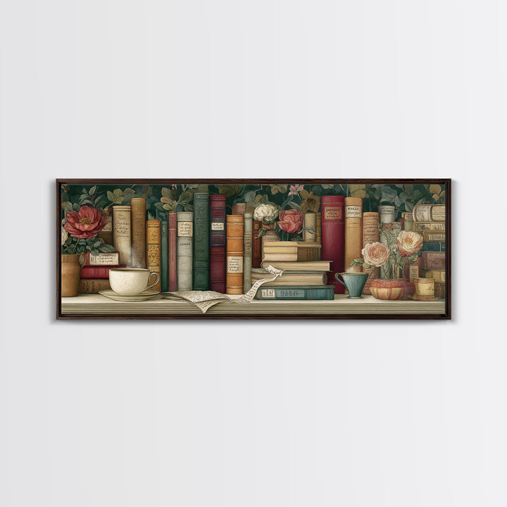 Teacup Beside a Novel and Roses Canvas Print, Library Art, Gothic Wall Decor, Library Decor, Fine Art, Archive, LIB-3x1-54