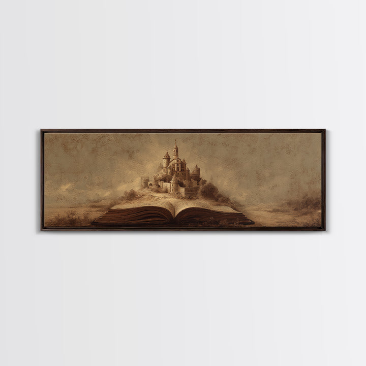 Storybook Castle Emerging from Open Book Framed Canvas Print, Library Art, Painting, Library Decor, Fine Art, Archive, LIB-3x1-55