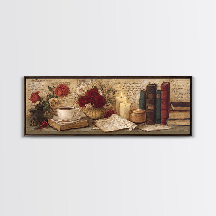 Teacup Beside a Novel and Roses Canvas Print, Library Art, Black Cat Art, Library Decor, Fine Art, Archive, Luxury Decor, LIB-3x1-6