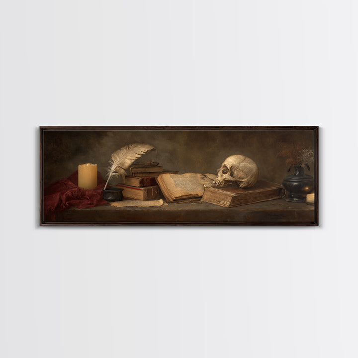 Dark Academia Skull Book and Quill Still Framed Canvas Print, Library Art, Gallery Decor, Library Decor, Fine Art, Archive, LIB-3x1-69