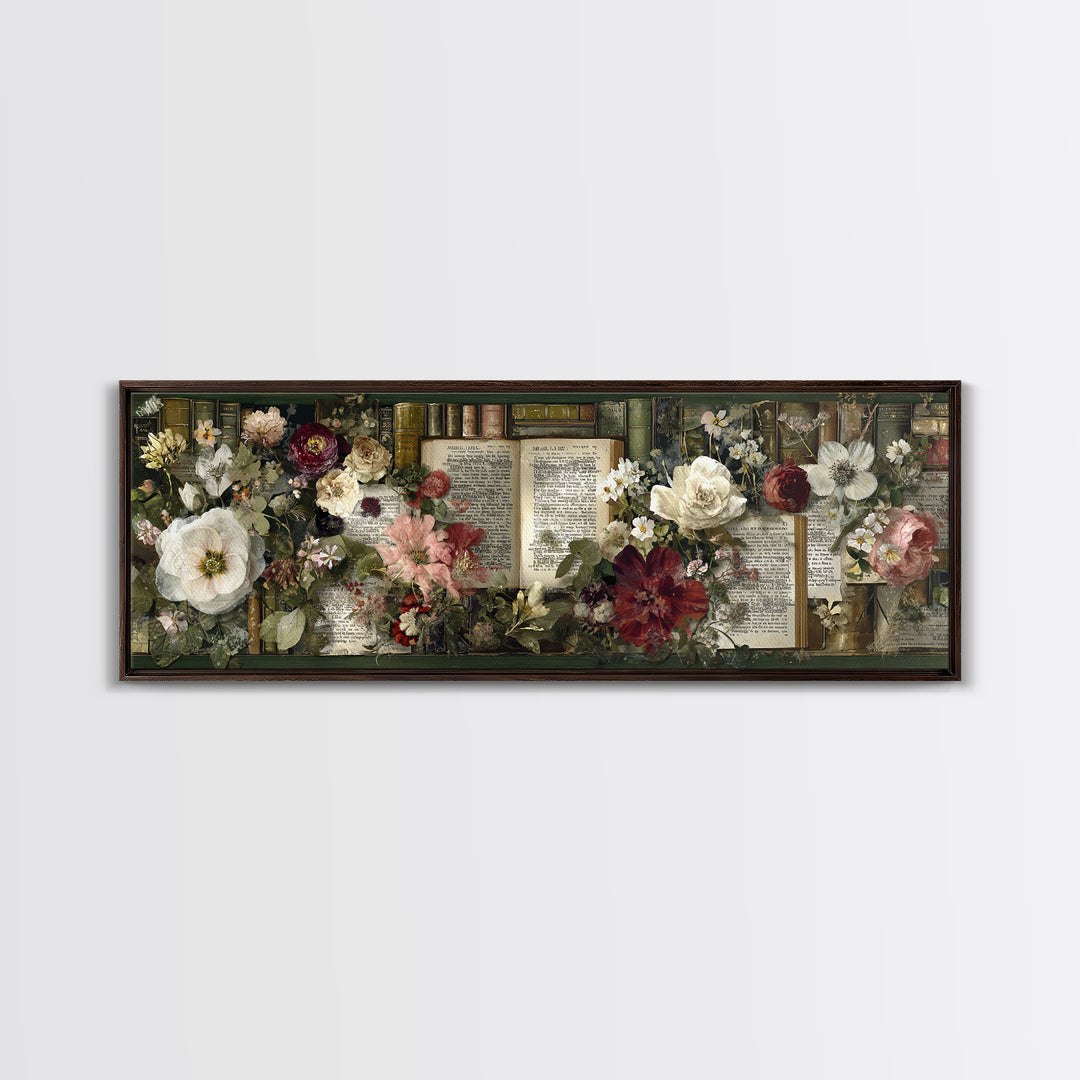 Botanical Pressed Flowers Inside Old Pages Framed Canvas Print, Library Art, Neutral Decor, Library Decor, Oil Painting, LIB-3x1-73