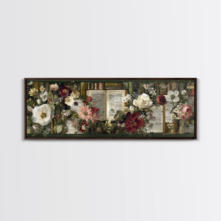 Botanical Pressed Flowers Inside Old Pages Framed Canvas Print, Library Art, Neutral Decor, Library Decor, Oil Painting, LIB-3x1-73
