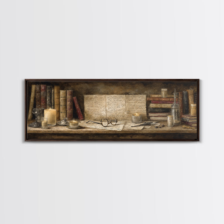 Antique Spectacles on a Manuscript Framed Canvas Print, Library Art, Digital Art, Library Decor, Archive, Watercolor Art, LIB-3x1-84