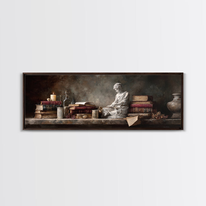 Renaissance Reading Figure Framed Canvas Print, Library Art, Dark Academia Decor, Library Decor, Archive, Botanical Art, LIB-3x1-87