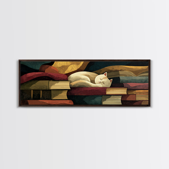 Cat Sleeping on a Book Stack Canvas Print, Library Art, Gothic Home Decor, Library Decor, Oil Painting, Archive, Bookish Decor, LIB-3x1-95