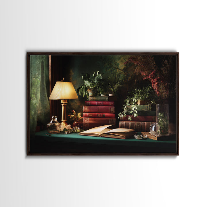 Warm Reading Lamp and Small Plant Still Canvas Print, Library Art, Bookish Decor, Library Decor, Archive, Modern Decor, LIB-3x2-1