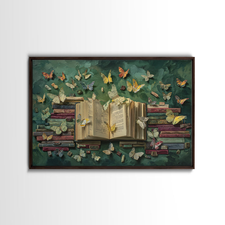 Book Pages Transforming into Butterflies Framed Canvas Print, Library Art, Reading Nook Decor, Library Decor, Fine Art, Archive, LIB-3x2-23