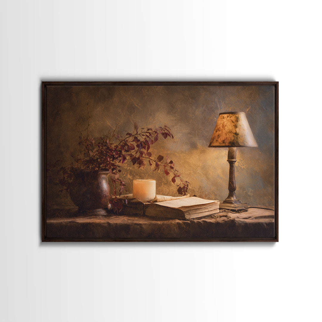 Warm Reading Lamp and Small Plant Still Framed Canvas Print, Library Art, Dark Academia Art, Library Decor, Abstract Art, LIB-3x2-25