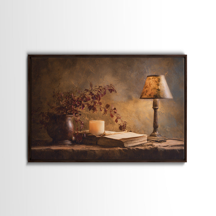 Warm Reading Lamp and Small Plant Still Framed Canvas Print, Library Art, Dark Academia Art, Library Decor, Abstract Art, LIB-3x2-25