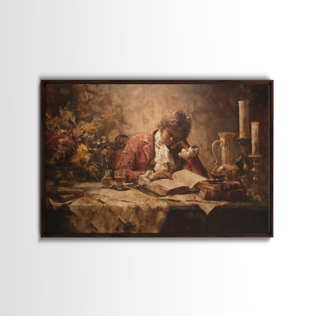 Renaissance Reading Figure Canvas Print, Library Art, Black Cat Art, Library Decor, Fine Art, Archive, Luxury Decor, Room Decor, LIB-3x2-3