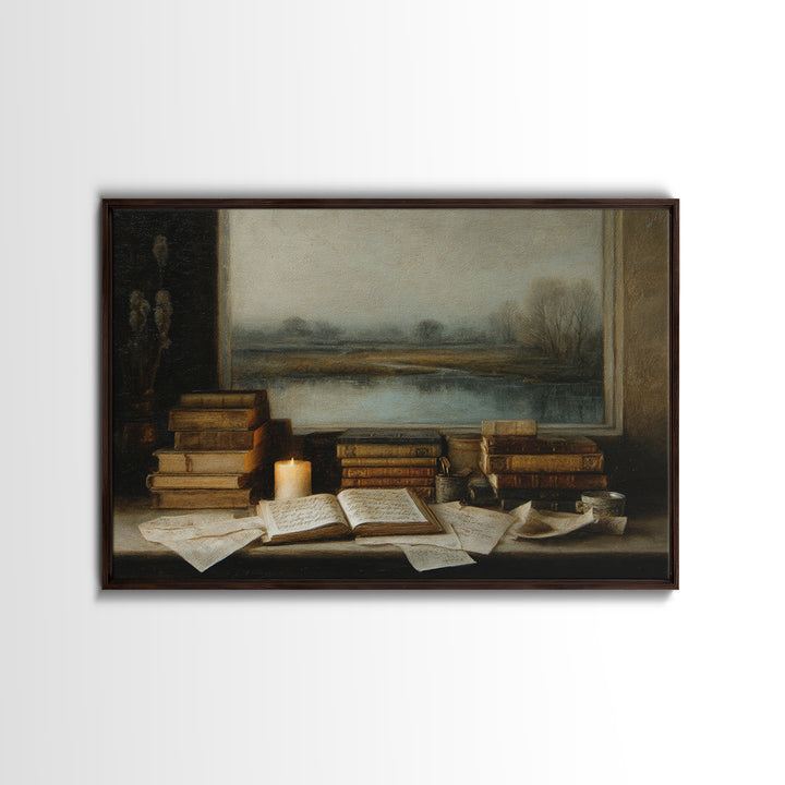 Moonlit Window with Floating Pages Framed Canvas Print, Library Art, Textured Painting, Library Decor, Fine Art, Archive, LIB-3x2-60