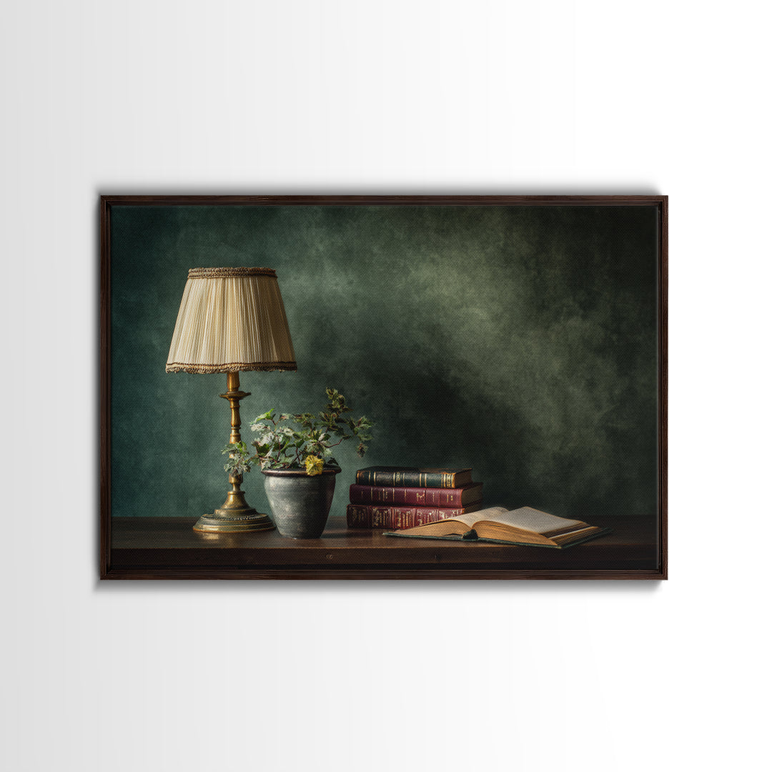 Warm Reading Lamp and Small Plant Still Canvas Print, Library Art, Neutral Decor, Library Decor, Fine Art, Archive, Home Decor, LIB-3x2-73
