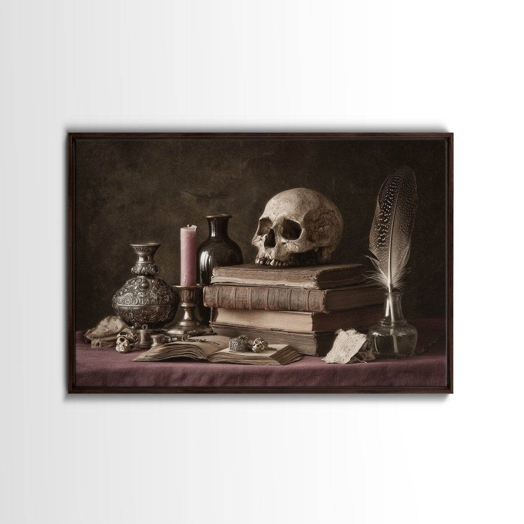 Dark Academia Skull Book and Quill Still Framed Canvas Print, Library Art, Fine Art Print, Library Decor, Fine Art, Archive, LIB-3x2-81