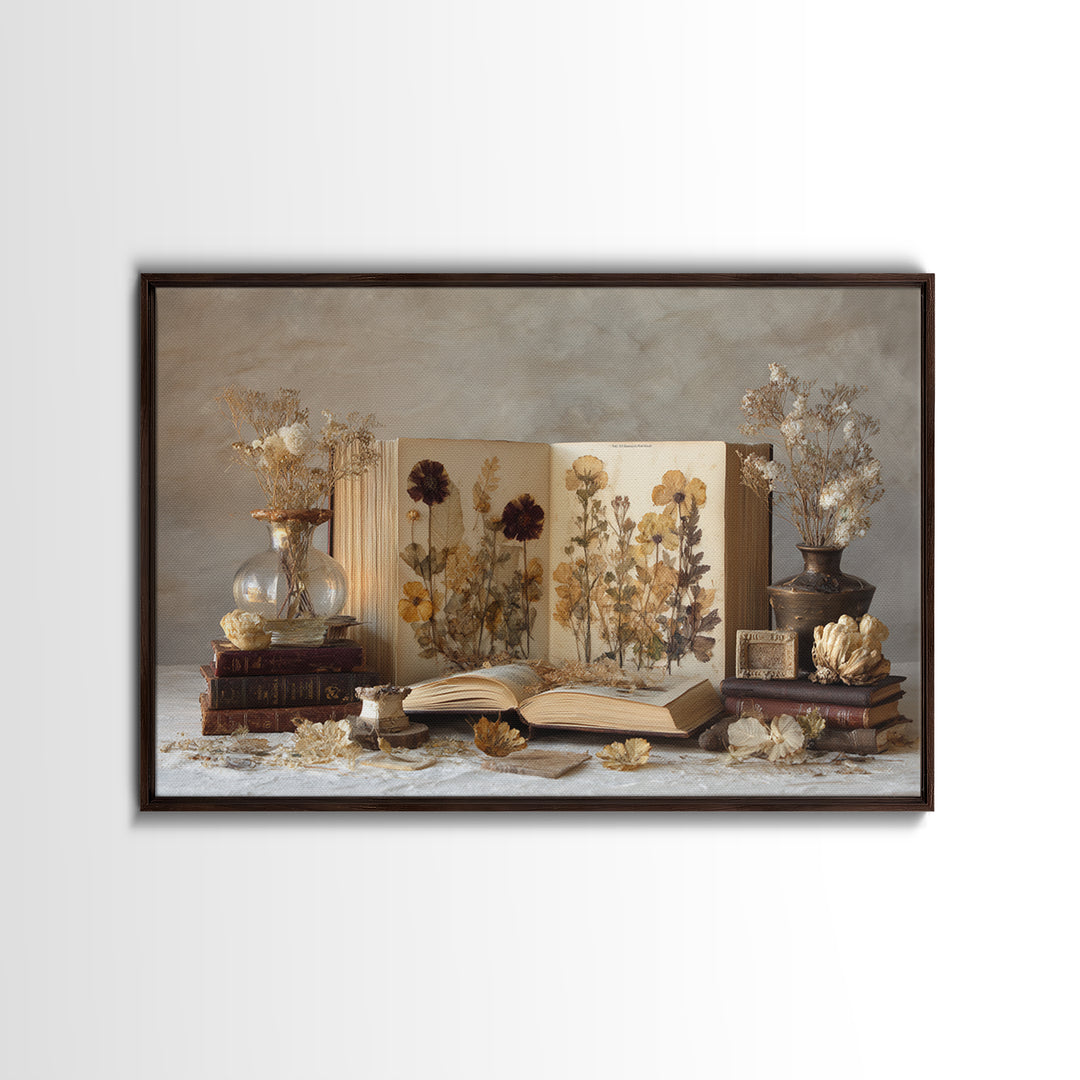 Botanical Pressed Flowers Inside Old Pages Framed Canvas Print, Library Art, Statement Artwork, Library Decor, Archive, LIB-3x2-85