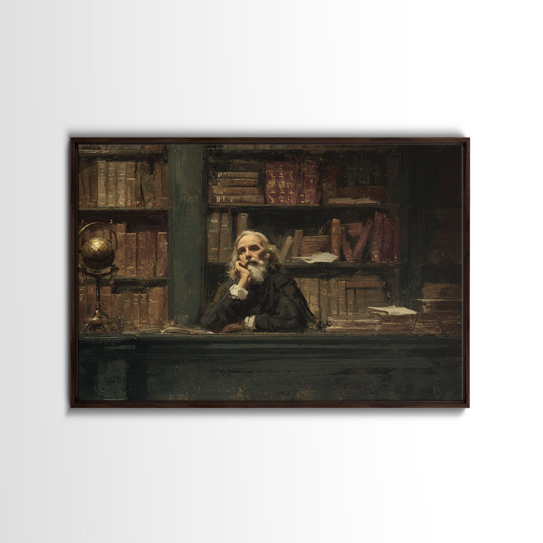 Classical Scholar Portrait Framed Canvas Print, Library Art, Halloween Wall Decor, Library Decor, Oil Painting, Archive, LIB-3x2-86