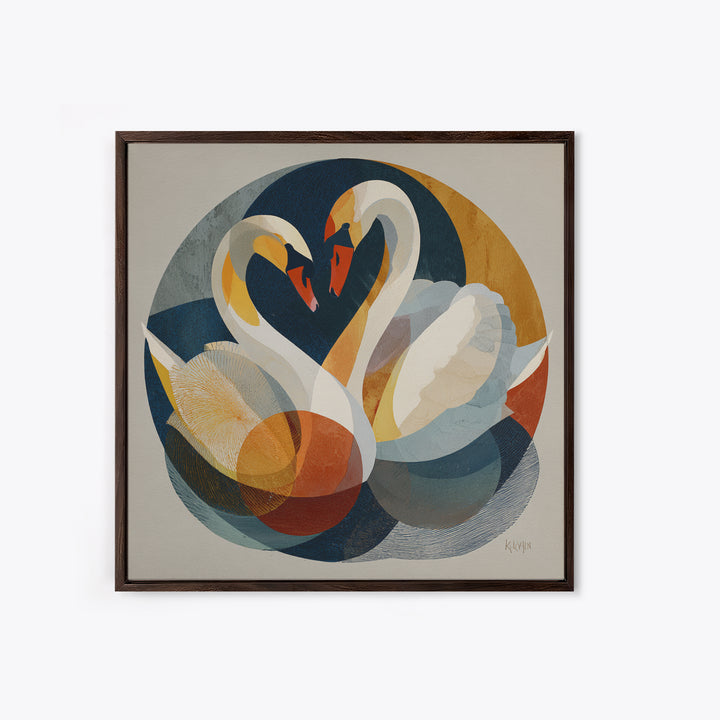 Two Swans Forming a Heart Shape Framed Canvas Print, Line Art, Boho Decor, Living Room Decor, Abstract Art, Line, LIN-1x1-16