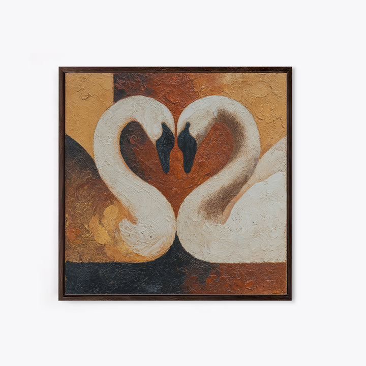 Two Swans Forming a Heart Shape Framed Canvas Print, Line Art, Textured Painting, Living Room Decor, Abstract Art, Line, LIN-1x1-40