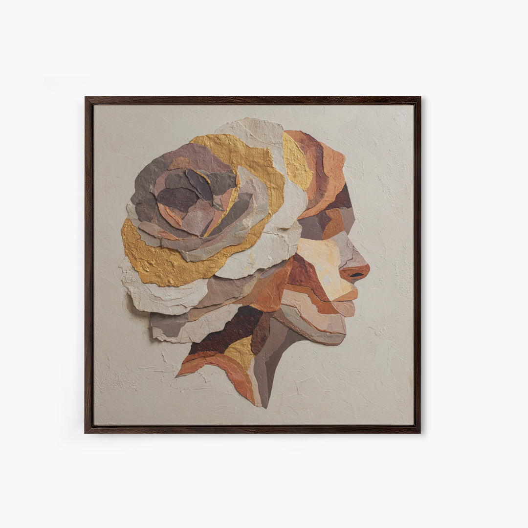Face and Flower Blended into One Contour Framed Canvas Print, Line Art, Boho Wall Art, Living Room Decor, Fine Art, Line, LIN-1x1-56
