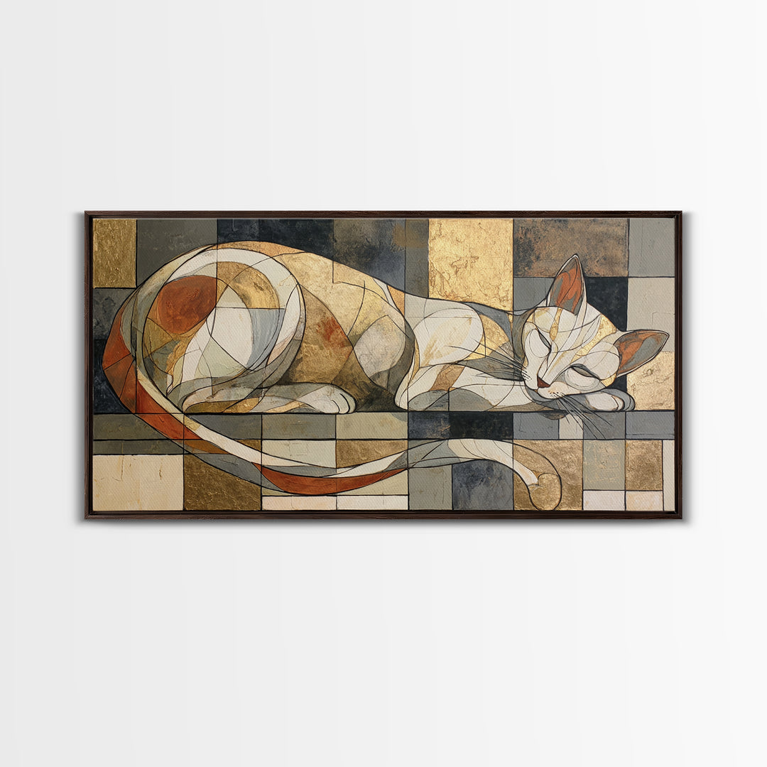 Monoline Cat Stretching Framed Canvas Print, Line Art, Digital Wall Art, Living Room Decor, Fine Art, Line, Minimalist Wall Art, LIN-2x1-50