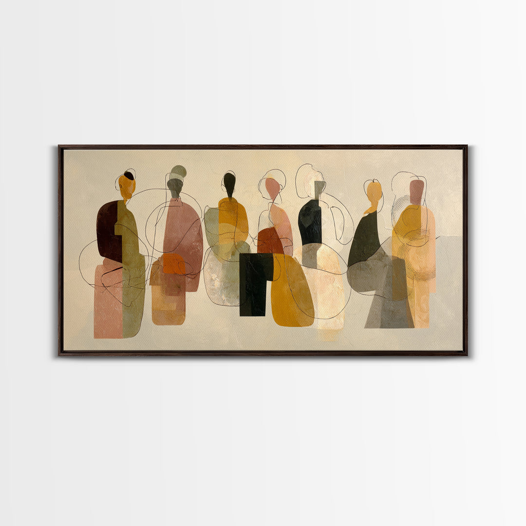 Abstract Family Figures Framed Canvas Print, Line Art, Boho Decor, Living Room Decor, Oil Painting, Line, Minimalist Art, LIN-2x1-92