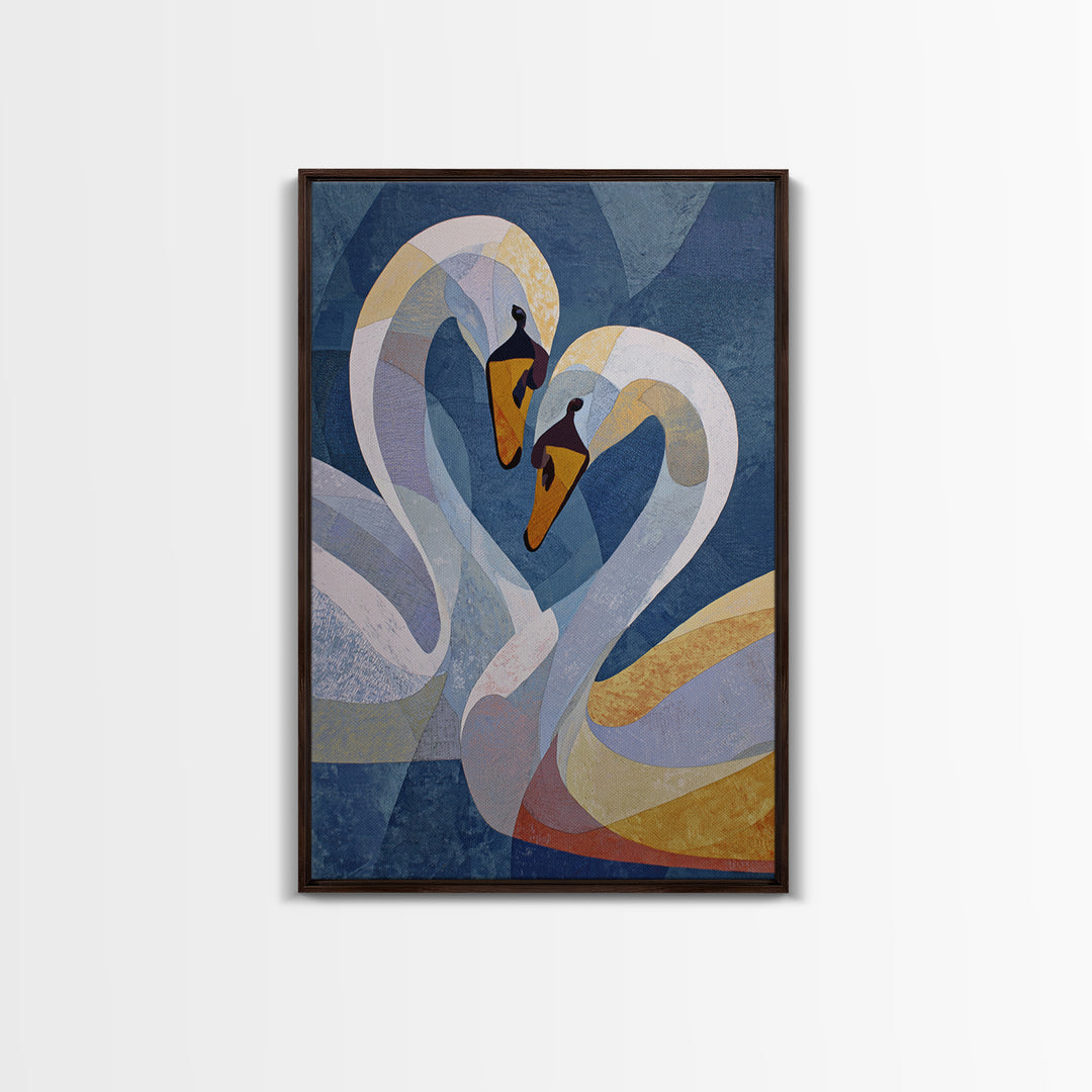 Two Swans Forming a Heart Shape Framed Canvas Print, Line Art, Living Room Decor, Abstract Art, Line, Portrait from Photo, LIN-2x3-48