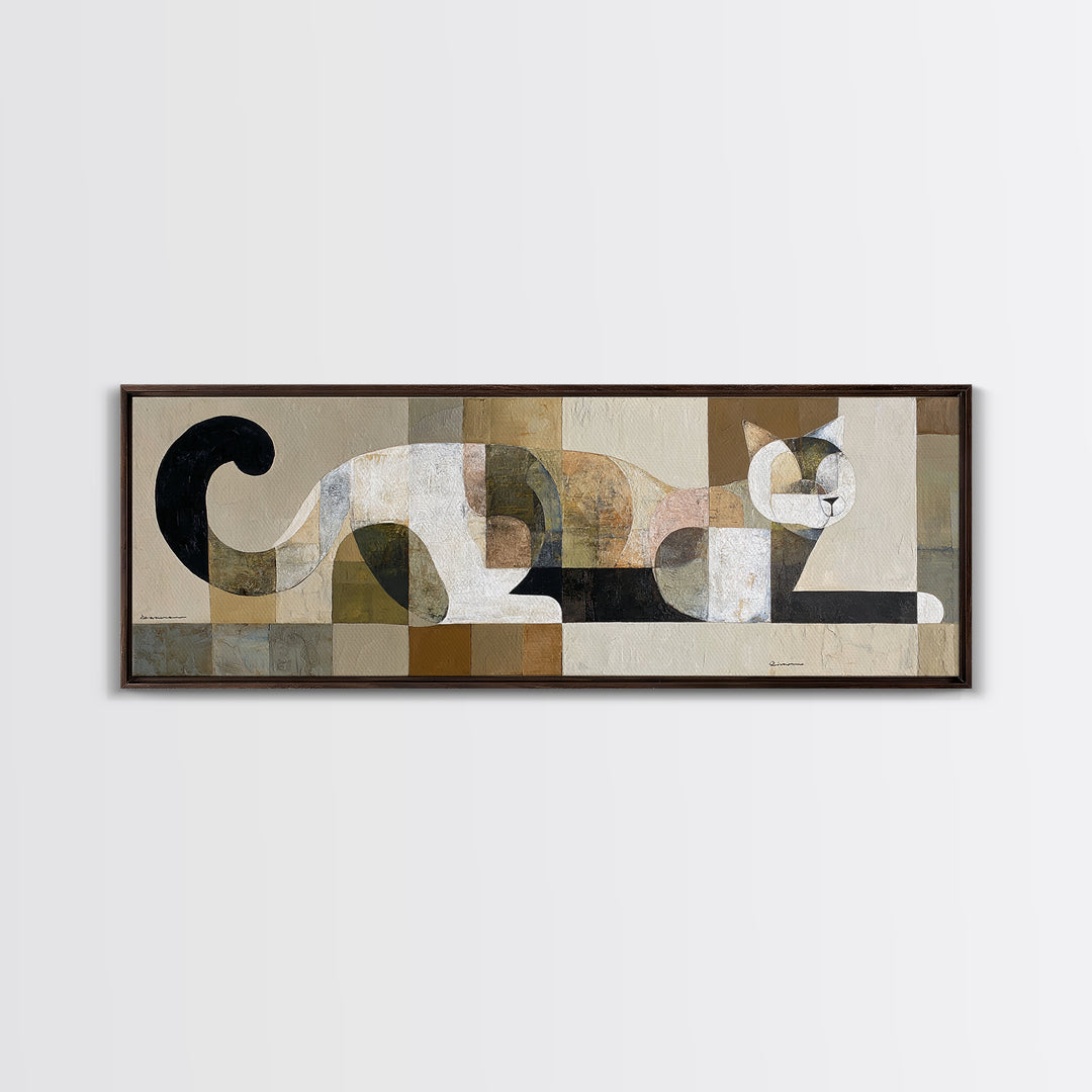 Monoline Cat Stretching Canvas Print, Line Art, Gallery Wall Set, Living Room Decor, Abstract Art, Line, Textured Painting, LIN-3x1-46