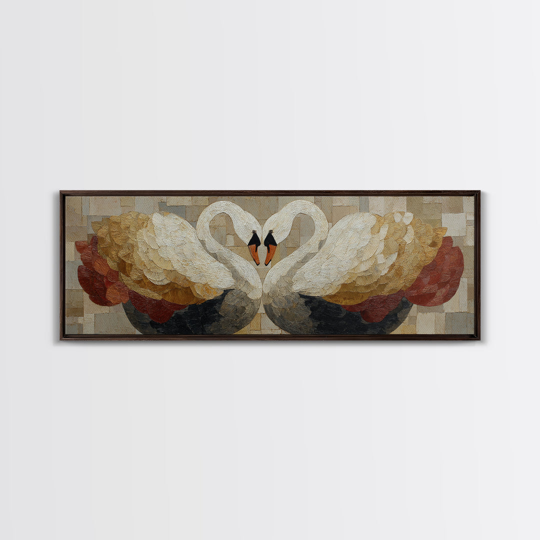 Two Swans Forming a Heart Shape Framed Canvas Print, Line Art, Wall Art, Living Room Decor, Fine Art, Line, Wall Art Print, LIN-3x1-56