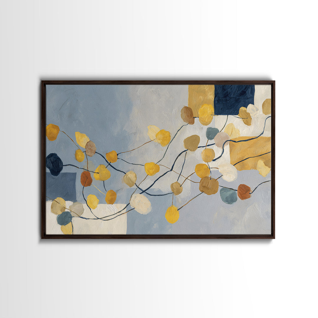 Botanical Branch Drawn Framed Canvas Print, Line Art, Bird Wall Art, Living Room Decor, Watercolor Art, Line, Textured Painting, LIN-3x2-55