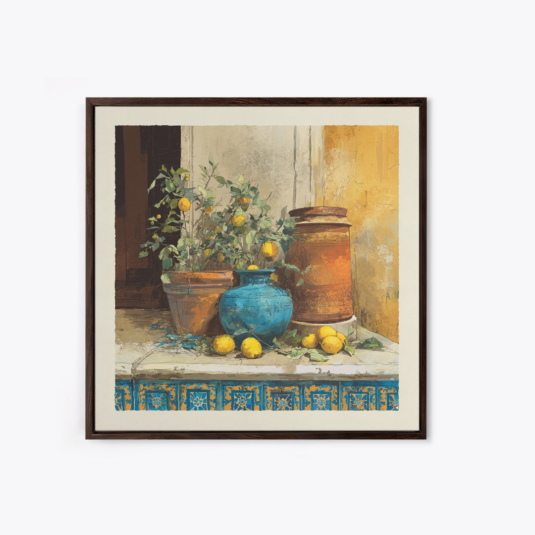 Warm Mediterranean Lemon Still Life Framed Canvas Print, Living Room Art, Dopamine Decor, Living Room Decor, Abstract Art, LIR-1x1-66