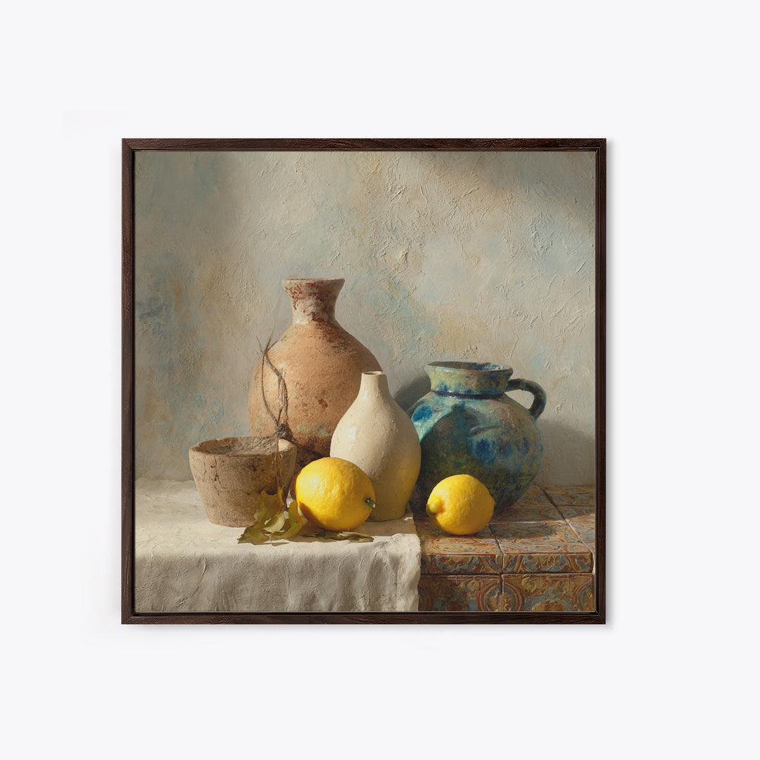 Warm Mediterranean Lemon Still Life Canvas Print, Living Room Art, Neutral Decor, Living Room Decor, Fine Art, Living, LIR-1x1-90